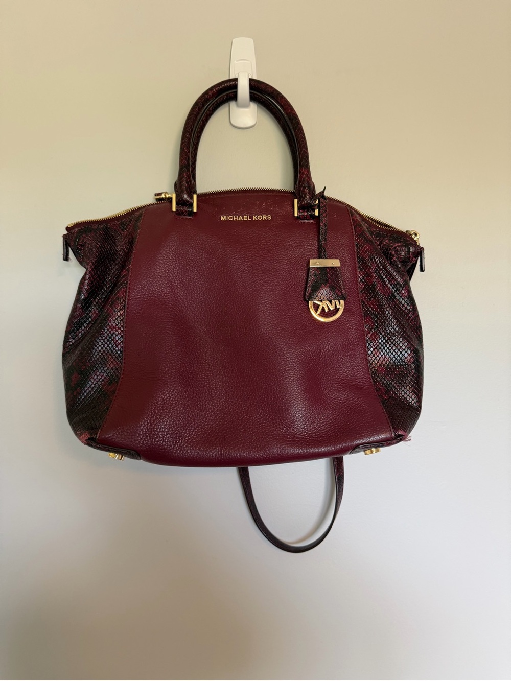 Vintage Michael Kors Burgundy Leather Satchel with Python-Textured Accents